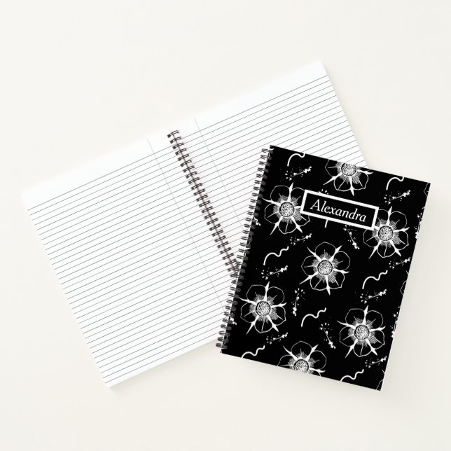 Abstract White Line Art Flowers On Black Notebook (Inside)