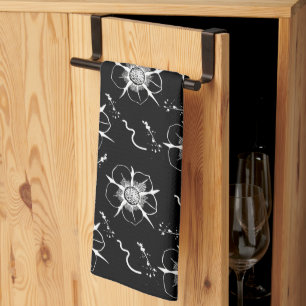 Abstract White Line Art Flowers On Black Tea Towel