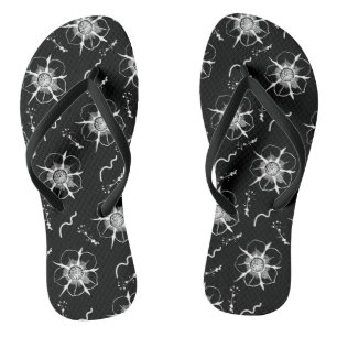 Abstract White Line Art Flowers On Black Thongs