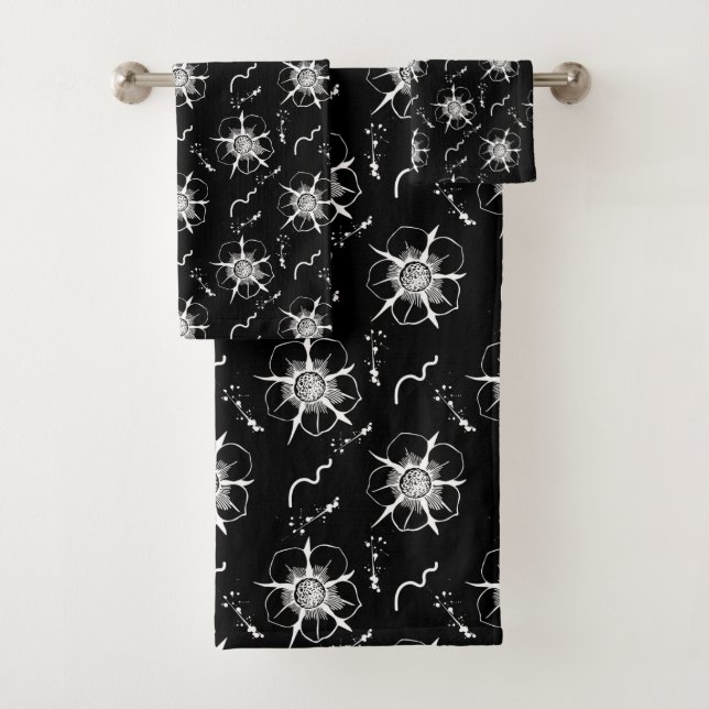 Abstract White Line Flowers On Black Bath Towel Set (Insitu)