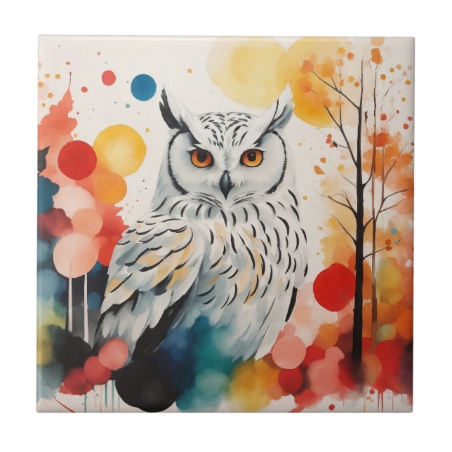 Abstract White Owl In Colourful Dreamy Forest Ceramic Tile (Front)