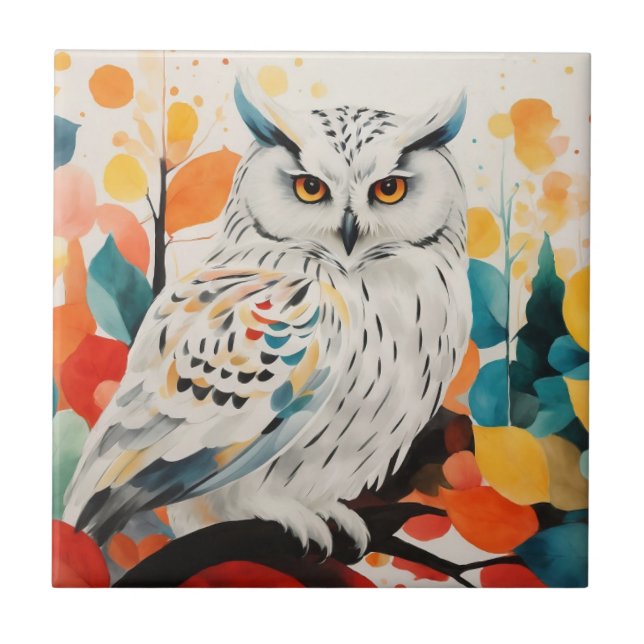 Abstract White Owl On Colourful Forest Tree Branch Ceramic Tile (Front)