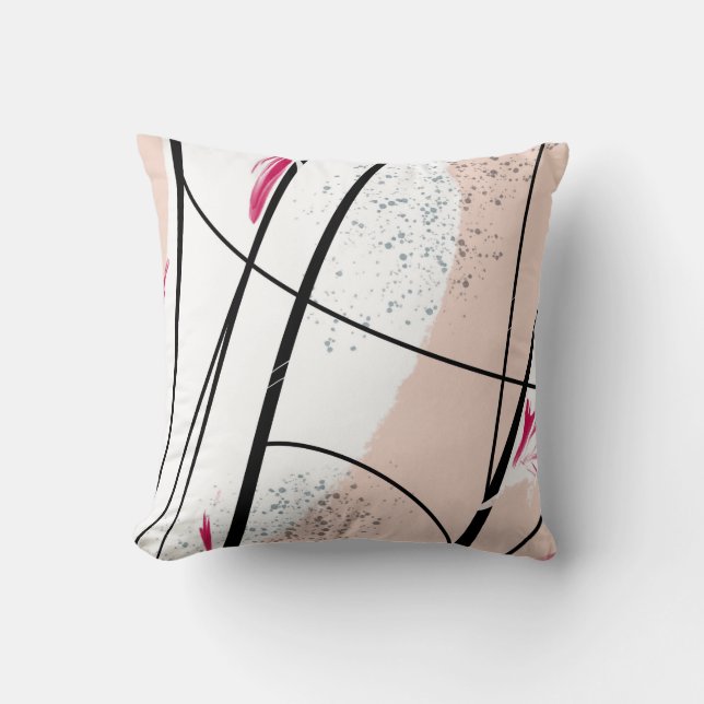 Abstract White Pink Black Line Cushion (Front)