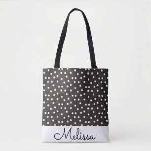 Abstract White Polka Dots on Black White Stripe Tote Bag