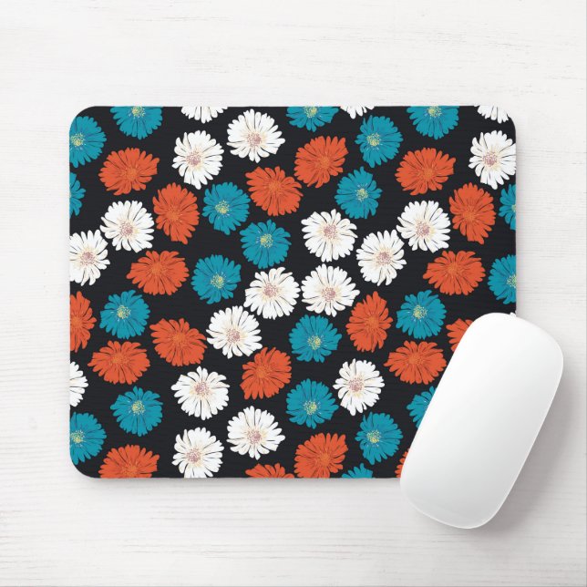 Abstract White, Red and Blue Flowers Mouse Pad (With Mouse)