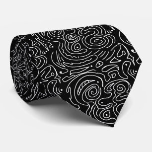 Abstract White Swirl Line on Black Tie