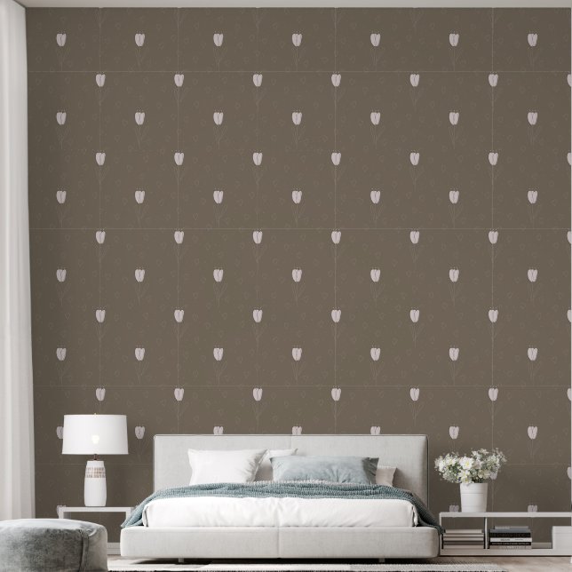 Abstract White Tulip and Hearts on Earthy Brown Wallpaper (Bedroom)