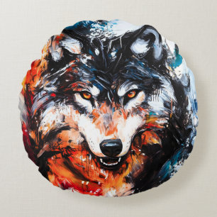 Abstract Wild Spirit Wolf Round Cushion