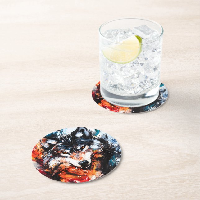Abstract Wild Spirit Wolf Round Paper Coaster (Insitu)