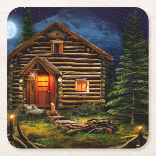 Abstract Wilderness Little Cabin Square Paper Coaster