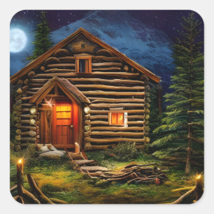 Abstract Wilderness Little Cabin Square Sticker