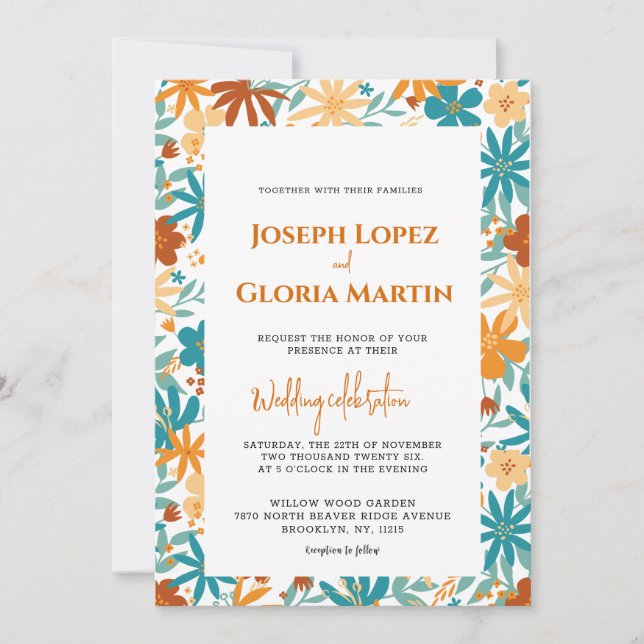 Abstract Wildflower Chic Bold Bright Boho wedding Invitation (Front)