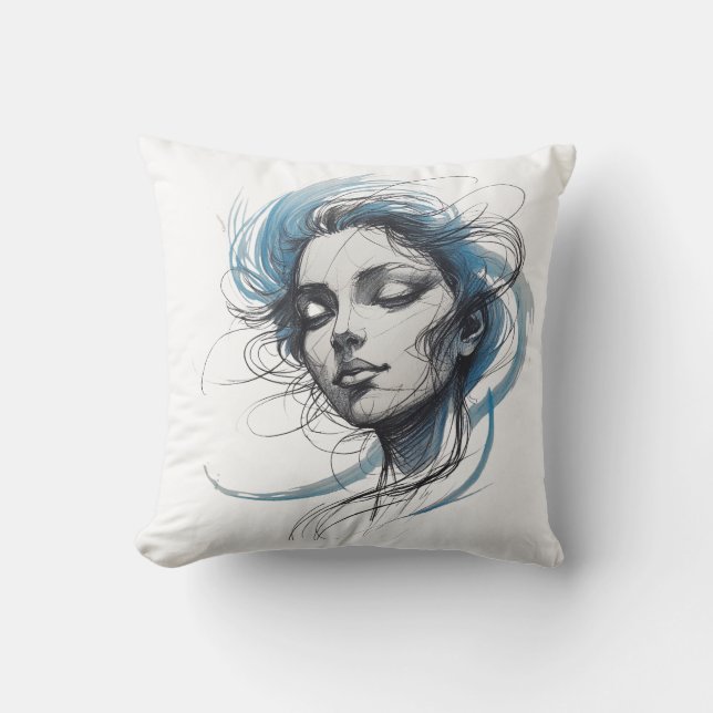 Abstract Wind Flowing Face – Blue Line Art Pillow (Front)