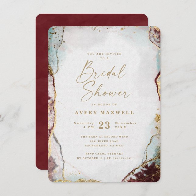 Abstract Wine Red Aqua & Gold Winter Bridal Shower Invitation (Front/Back)