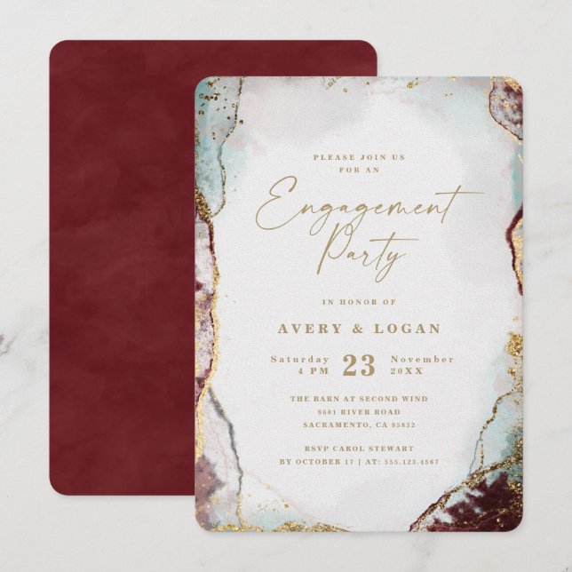 Abstract Wine Red & Gold Engagement Party Invitation (Front/Back)