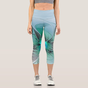 Abstract With Blue, Modern Fractal Art Capri Leggings