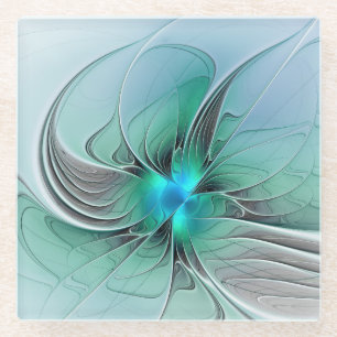 Abstract With Blue, Modern Fractal Art Glass Coaster