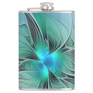 Abstract With Blue, Modern Fractal Art Hip Flask