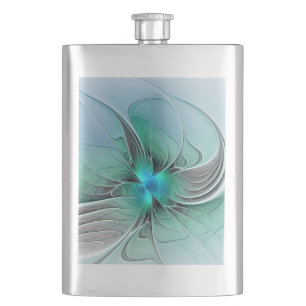 Abstract With Blue, Modern Fractal Art Hip Flask