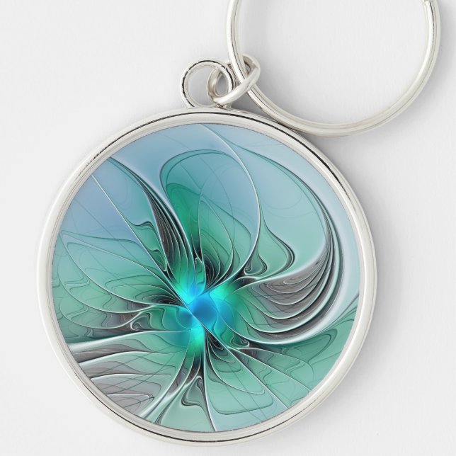 Abstract With Blue, Modern Fractal Art Key Ring (Front)
