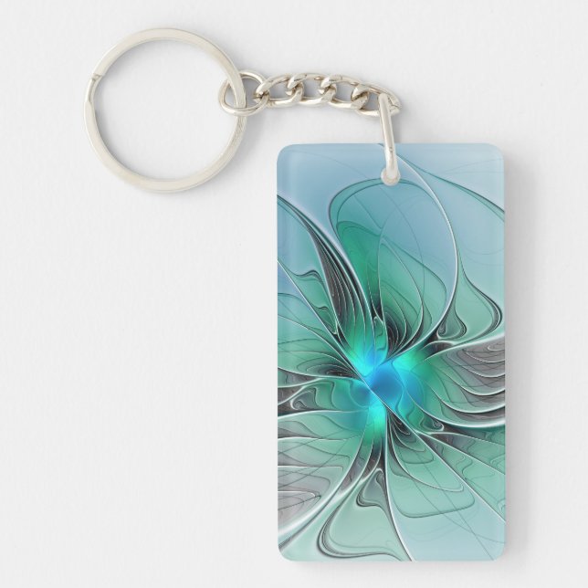 Abstract With Blue, Modern Fractal Art Key Ring (Front)