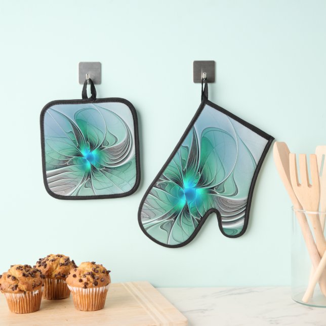 Abstract With Blue, Modern Fractal Art Oven Mitt & Pot Holder Set (Insitu(Hanging))