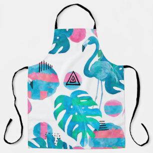 Abstract with watercolor flamingo and random eleme apron