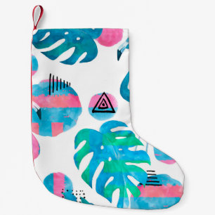 Abstract with watercolor flamingo and random eleme small christmas stocking