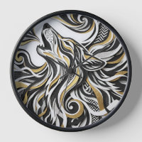 Abstract Wolf Head Silhouette Gold Art Clocks