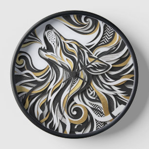 Abstract Wolf Head Silhouette Gold Art Clocks