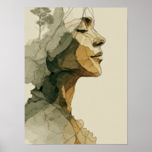 Abstract Woman Face Boho Neutral Feminine Line Art Poster