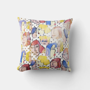 Abstract woman faces, watercolor polka dots. cushion