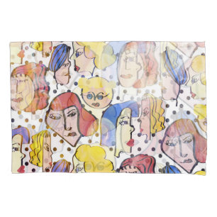 Abstract woman faces, watercolor polka dots. pillowcase