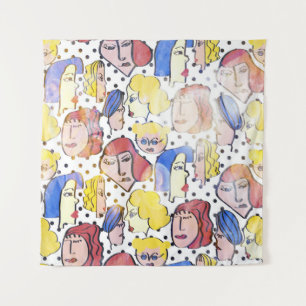 Abstract woman faces, watercolor polka dots. tapestry