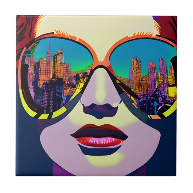 Abstract Woman in Sunglasses with City Reflection  Ceramic Tile (Front)