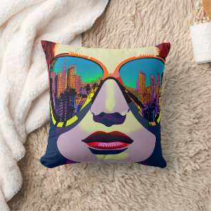 Abstract Woman in Sunglasses with City Reflection  Cushion