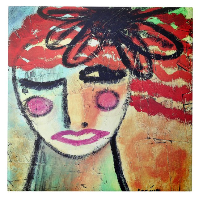 Abstract Woman with Flower Painting on OSB Board Ceramic Tile (Front)