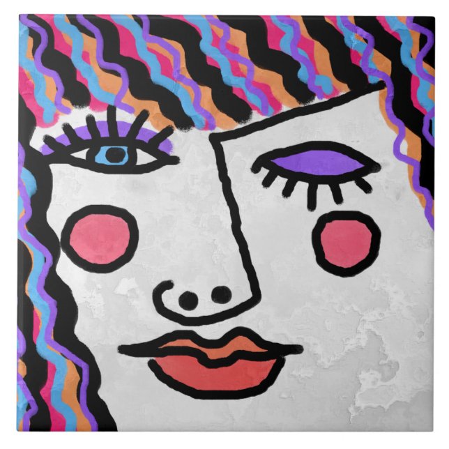 Abstract Woman's Face Ceramic Tile (Front)