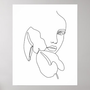 Abstract Woman's Face With Flowers Line Art Poster