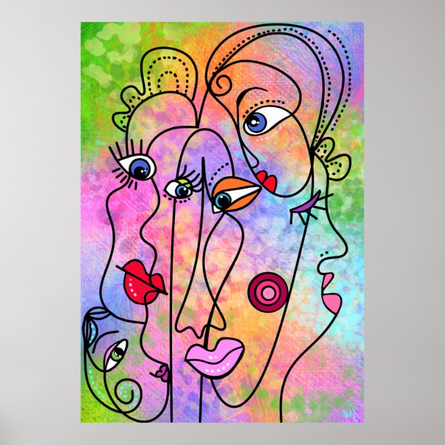 Abstract Women Faces Moods - Cubism Style Drawing  Poster (Front)