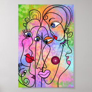 Abstract Women Faces Moods - Cubism Style Drawing  Poster