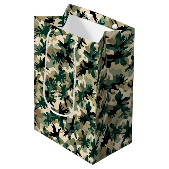 Abstract Woodland Camouflage Pattern Green and Tan Medium Gift Bag (Front Angled)