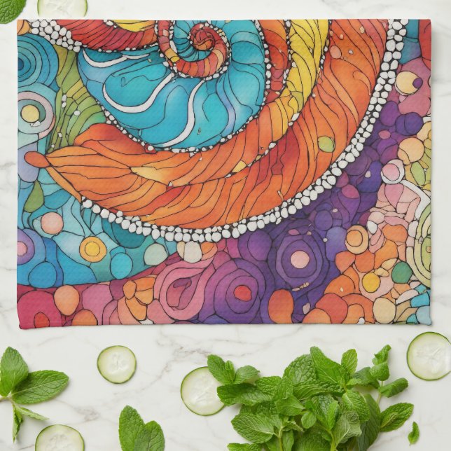 Abstract worm pattern, multicolor tea towel (Folded)