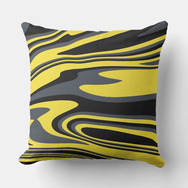 Abstract Yellow and Black Swirl Art Cushion (Front)