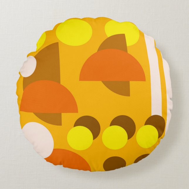 Abstract Yellow Beige Brown Round Cushion (Front)