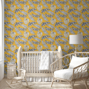 Abstract Yellow Black White Palm Leaves Removable Wallpaper