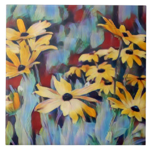 Abstract Yellow Daisy Flowers Floral Garden Ceramic Tile
