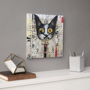 Abstract Yellow Eyed Colourful Cat Square Wall Clock