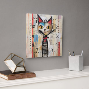 Abstract Yellow Eyed Happy Cat Square Wall Clock