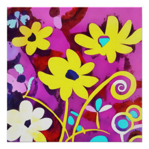Abstract Yellow Flowers On Viva Magenta Poster